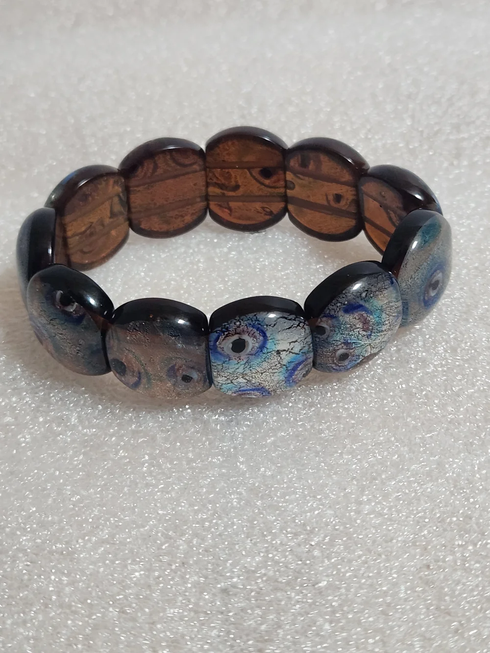 Murano Glass Blue Silver Brown Stretch Bracelet